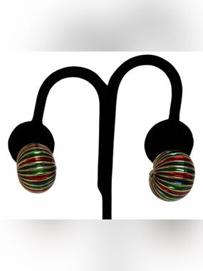 Vintage Gold Tone Red Green Blue Enamel Swirl Hoop Earrings Ribbed Chunky 80s